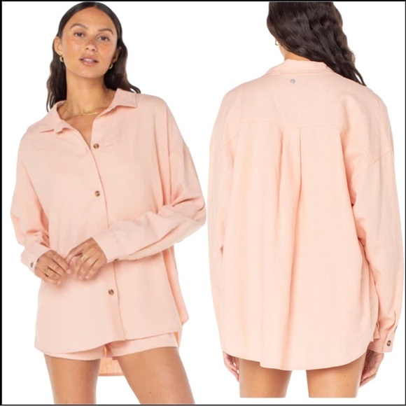 Roxy Women's Morning Time Gauze Linen Pink Button-Up Shirt Sz Large - Picture 3 of 12